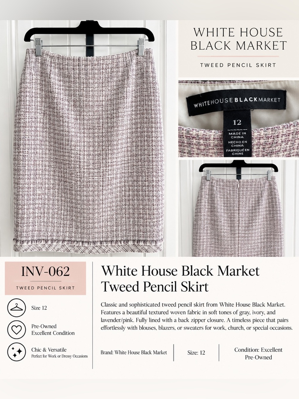 White House Black Market Lavender-Pink Tweed Pencil Skirt